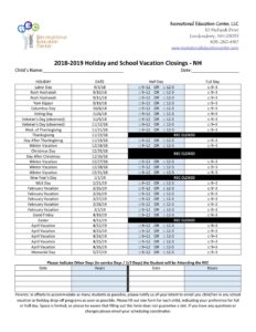 2018 2019 NH Holiday Schedule Recreational Education Center